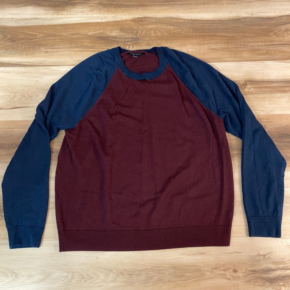 Banana Republic Sweater Mens Large Burgundy Navy Raglan Crewneck Merino Blend‎